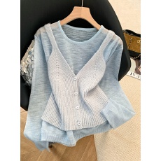 实拍早春韩系氛围感穿搭别致设计感叠穿针织衫吊带背心两件套上衣