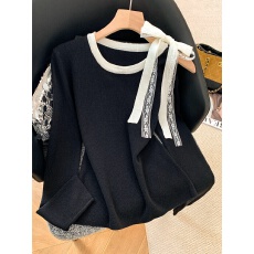 实拍法式蕾丝绑带露肩长袖针织衫女春季新款气质撞色别致上衣