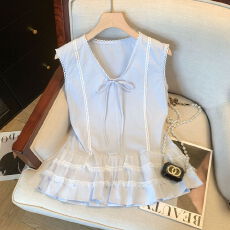 批发实拍温柔<b class='q'>甜美</b>蕾丝拼接无袖衬衫女夏季新款叠穿显瘦蛋糕裙摆上衣