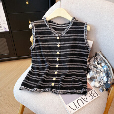 批发实拍韩系撞色毛边条纹无袖<b class='q'>针织</b>背心女夏季流苏气质百搭小衫上衣