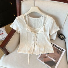 批发实拍夏季新款复古辣妹短款假两件蕾丝拼接绑带U领吊带短袖T恤上衣