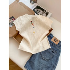 批发实拍韩系彩色扣针织显瘦上衣女夏季新款百搭舒适外穿洋气短袖小衫