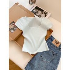 批发实拍方领短袖针织衫女夏季新款简约显瘦短款上衣