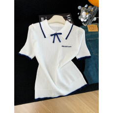 实拍法式蝴蝶结针织衫女设计感短袖白色翻领百搭气质上衣