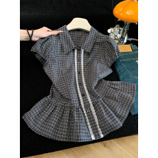 实拍韩系简约蕾丝拼接格子衬衫女夏季新款泡泡袖格纹衬衣