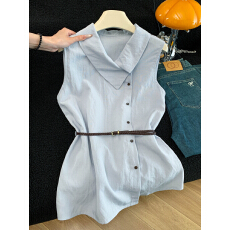 批发实拍气质收腰系带翻领短袖衬衫女新款夏季显瘦设计感独特上衣