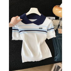 批发实拍韩系条纹撞色POLO翻领短袖针织衫女夏季新款气质显瘦上衣