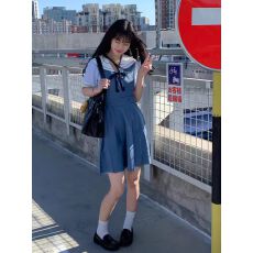 批发夏日和风铃 浅草小川 JK制服薄荷灰蓝水手领衬衫夏学院风背心裙