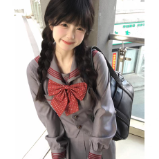 批发学院风JK水手服原创日系水玉中间服灰色红襟线长袖百褶裙制服套装