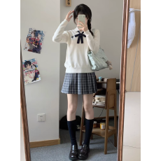 批发空栗鼠丸藤野中原创V领套头长袖毛衣学院风针织衫春秋jk格裙套装