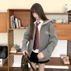 批发灰色海军领卫衣外套女学院风宽松长袖水手服开衫春秋东京岁时记JK