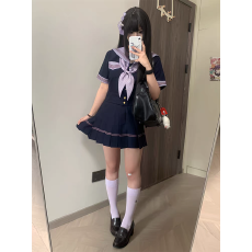 批发冰淇淋与鲸【川晴女子】原创JK制服甜美紫色水手服套装<b class='q'>夏</b>季百褶裙