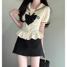 批发云水】布丁熊原创韩式制服<b class='q'>夏</b>季女上衣学院风包臀收腰显瘦甜辣套装