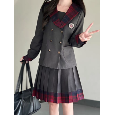 批发瑶芳布丁熊原创jk制服校供感双排扣西装裙套装红格子拼接领<b class='q'>秋</b>季