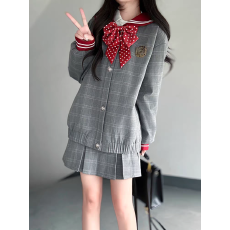 批发布丁熊原创JK<b class='q'>制服</b>学院风红色<b class='q'>海军</b>领格子棒球服卫衣外套格子裙套装
