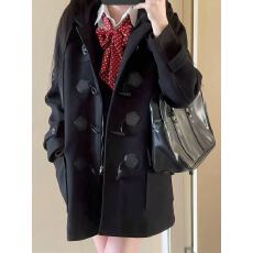 批发<b class='q'>冬</b>季jk制服大衣女日系学院风中长款连帽毛呢牛角扣加厚外套