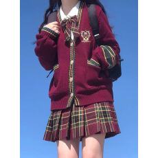 批发七七原创jk圣诞新年开衫酒红色毛衣正版日系制服学院风套装女秋冬