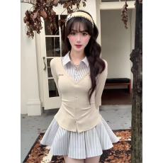 批发miu系学院风条纹拼接连衣裙女<b class='q'>秋</b>假两件甜辣气质掐腰显瘦百褶裙子