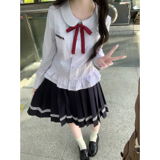 批发小鹿布丁熊原创JK制服校供感条纹荷叶边衬衫学院风百搭长袖上衣