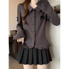 批发大码蝴蝶结翻领女早<b class='q'>秋</b>2025新款韩系上衣白褶裙