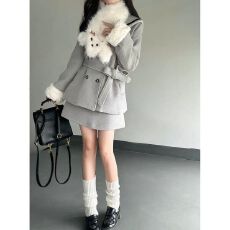 批发布丁熊原创JK制服千金风毛呢<b class='q'>外套</b>女冬季<b class='q'>气质</b>双排扣收腰上衣套装