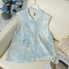 批发新款潮流国风优雅舒适印花中式珠扣减龄<b class='q'>妈妈装</b>小立领结绳流苏上衣