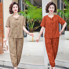 批发妈妈夏装时尚休闲棉麻<b class='q'>套装</b>新款洋气短袖上衣中老年<b class='q'>夏季</b>宽松两件套