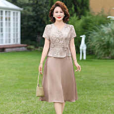 批发高贵妈妈装<b class='q'>夏</b>装V领短袖中长款连衣裙国风中老年<b class='q'>女装</b>假两件裙子薄