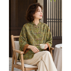 批发新中式<b class='q'>妈妈</b>装印花衬衫<b class='q'>外套女</b>薄款盘扣立领<b class='q'>中老年</b>国风唐装开衫上衣