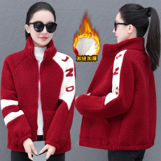 批发中年妈妈冬装颗粒绒外套<b class='q'>时尚</b>新款拼色羊羔绒立领加绒加厚保暖外套