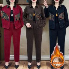 批发中老年翻领外套<b class='q'>哈伦裤</b><b class='q'>套装</b>宽松休闲洋气妈妈秋冬款国风加绒两件套