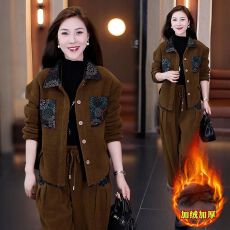 批发加绒加厚休闲套装女2025秋冬新款<b class='q'>时尚</b>妈妈雪尼尔双兜外套两件套潮