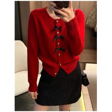 批发真现huo❤️韩系红色圆领长袖蝴蝶结搭配<b class='q'>针织</b><b class='q'>开衫</b>女2025秋冬新款