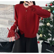 真现huo❤️冬季新款设计感圆领针织开衫韩版显瘦遮肉百搭蕾丝