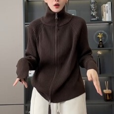 批发极简风秋冬双拉链<b class='q'>毛衣</b><b class='q'>女</b>欧货安可拉红高领显瘦慵懒风