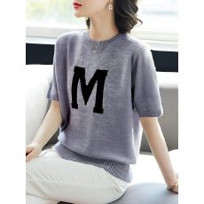 批发<b class='q'>妈妈</b>装字母提花短袖针织衫女春夏季2026新款宽松圆领T上衣