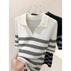 批发高端女装气质翻领撞色条纹短袖针织衫T恤女<b class='q'>夏</b>季新款