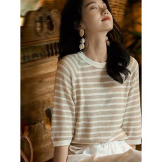 批发高端女装休闲百搭圆领条纹天丝针织衫女<b class='q'>夏</b>季薄款T恤