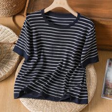 批发短袖条纹针织衫女<b class='q'>夏</b>季新款休闲百搭圆领T恤上衣2026