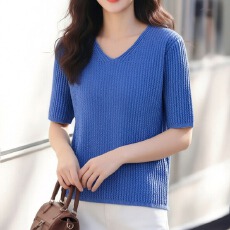 高端女装休闲百搭V领短袖针织衫T恤夏季2026新款纯色