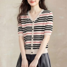 批发设计感撞色条纹纽扣针织衫V领短袖2026<b class='q'>夏</b>季新款薄款