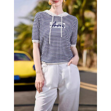 批发时尚条纹连帽针织衫卫衣女2026<b class='q'>夏</b>季新款短袖T恤上衣