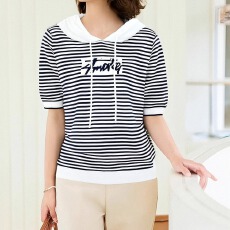 批发短袖条纹针织衫上衣女<b class='q'>夏</b>季2026新款连帽卫衣字母T恤