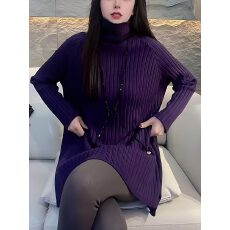 批发高端女装紫色<b class='q'>高领</b>针织衫长袖慵懒风中长款打底衫<b class='q'>毛衣</b>