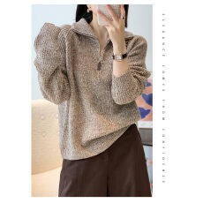 批发咖色翻领长袖针织衫女2026秋新款加厚半拉链花纱时尚