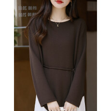 批发高端女新款收腰系带针织衫长袖圆领毛衣显瘦百搭上衣