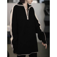 批发时尚气质大翻领撞色针织衫女2026春新款宽松遮肉百搭