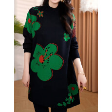 批发撞色花朵印花圆领针织衫女长袖套头中长款遮肉显瘦