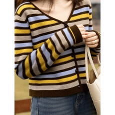 批发时尚气质v领条纹撞色针织衫毛衣女2026秋冬新款休闲