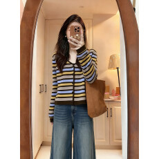 批发重磅秋冬季新款<b class='q'>女装</b>2026高级感黄色带扣条纹针织毛衣